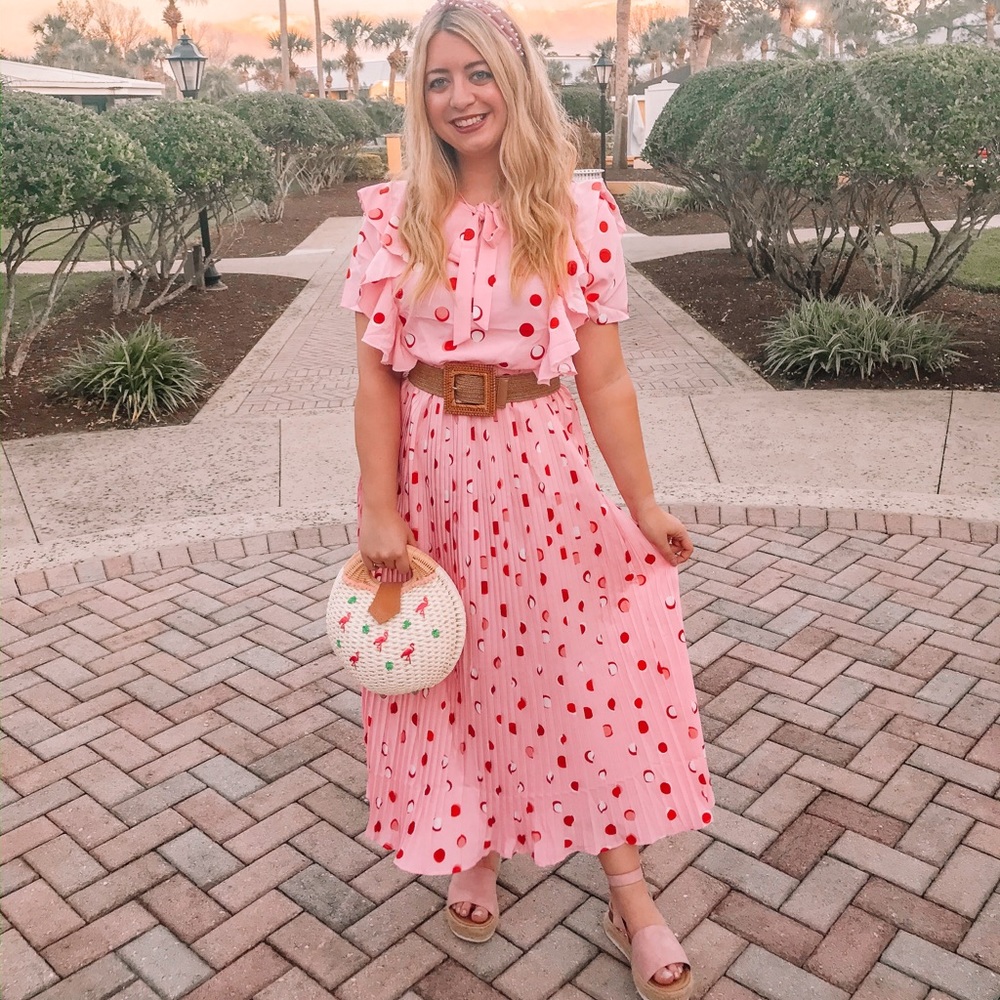 NWOT Pink Polka Dot Maxi Ruffle Dress